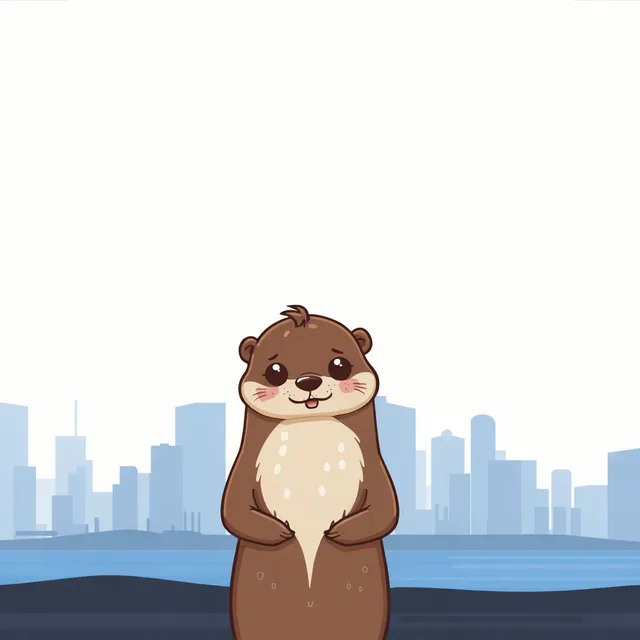 Cartoon otter standing by the Brisbane River with the city skyline behind it
