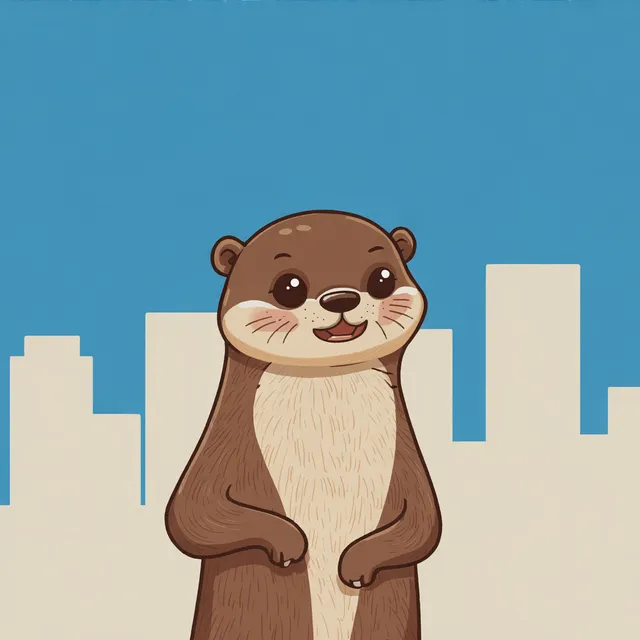 Cartoon otter in front of the Brisbane city skyline on a sunny day