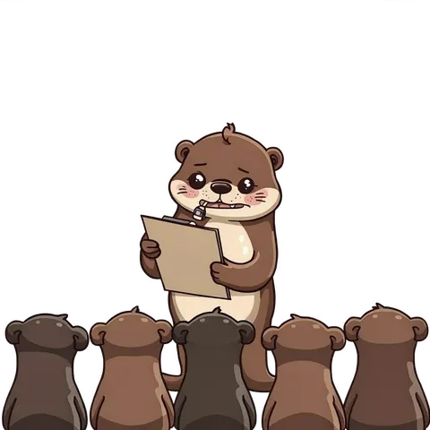 Cartoon coach otter with a clipboard addressing a row of attentive otter pups