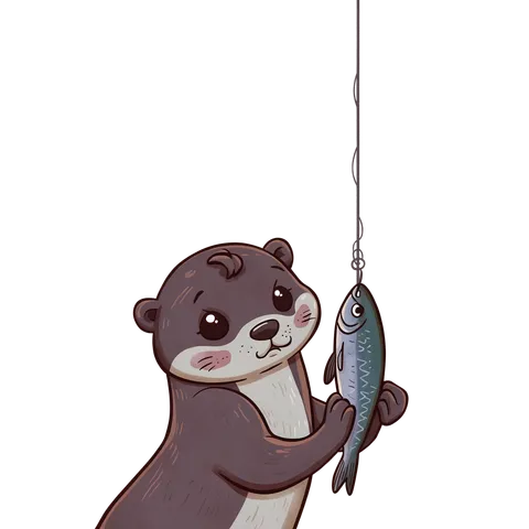 Cartoon otter eyeing a fish dangling from a fishing line, deciding whether to take the bait