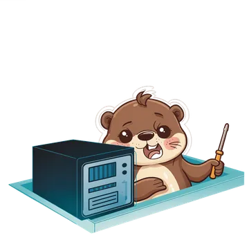 Determined cartoon otter repairing a server unit with a screwdriver