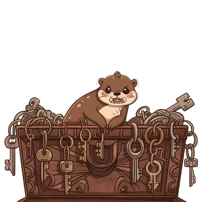 Grumpy cartoon otter guarding a wooden chest overflowing with keys