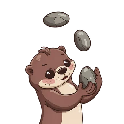 Cartoon otter juggling three smooth pebbles
