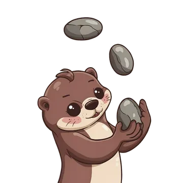 Cartoon otter juggling three smooth pebbles