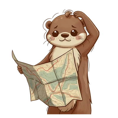 Cartoon otter scratching its head while studying a folded paper map