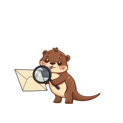 Cartoon otter inspecting an envelope through a magnifying glass