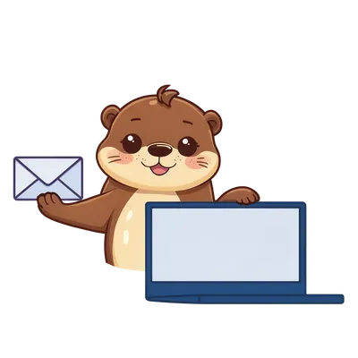 Cartoon otter holding an email envelope next to an open laptop