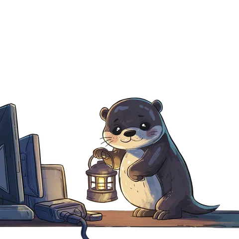 Cartoon otter night watchman holding a lantern beside computer monitors