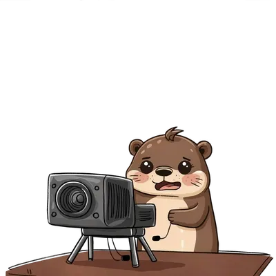 Cartoon otter presenting beside an old-fashioned projector
