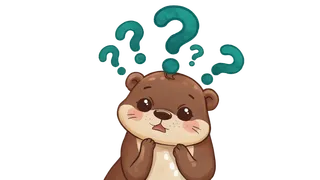 Puzzled cartoon otter surrounded by teal question marks
