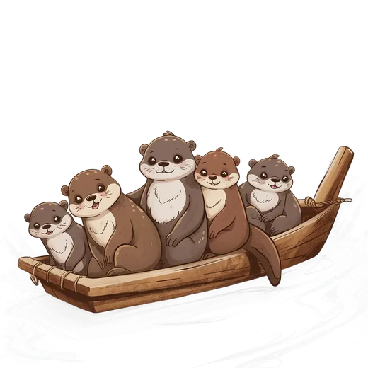 Five cartoon otters sitting together in a wooden rowboat, a raft of otters