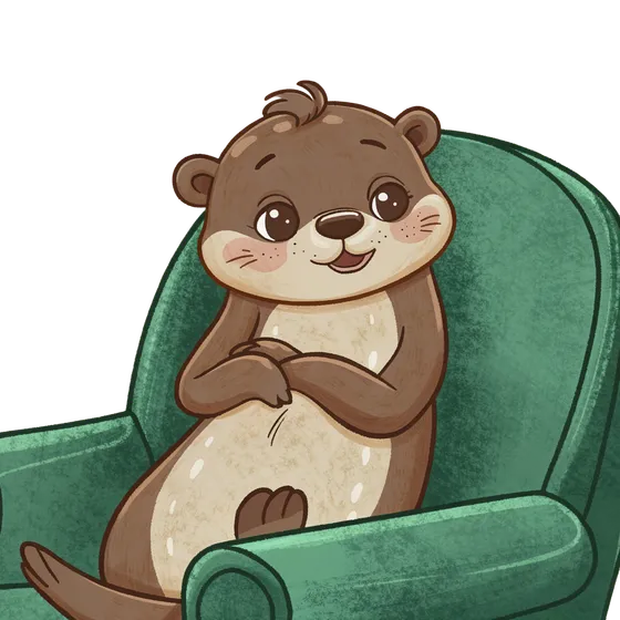 Cartoon otter sitting comfortably in a green armchair, paws folded