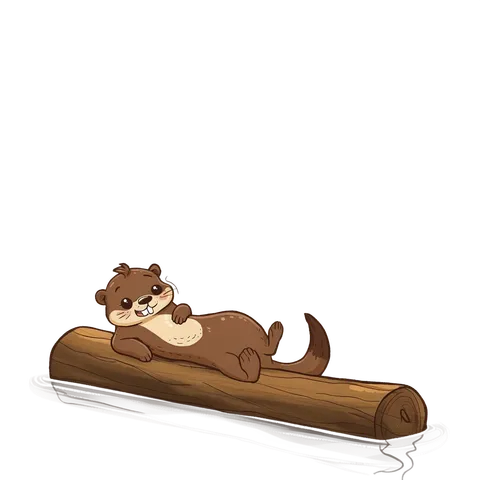 Cartoon otter lounging happily on a log drifting down a stream