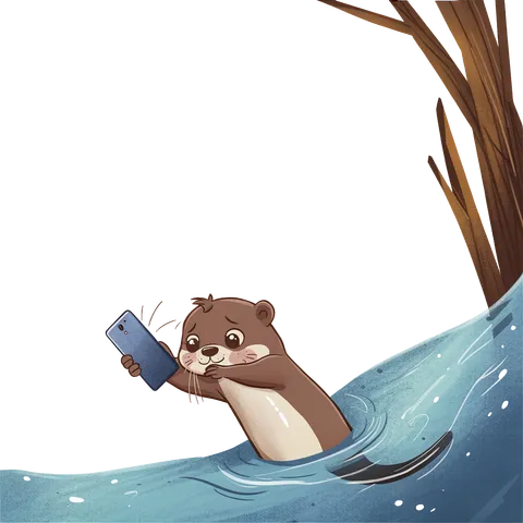 Cartoon otter in a river holding a phone safely above the water