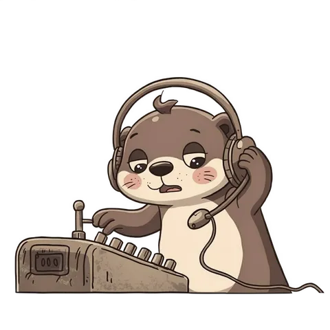 Cartoon otter switchboard operator wearing a headset at an old telephone exchange