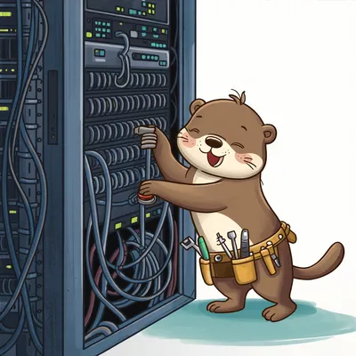 Cartoon otter technician with a tool belt happily working on a server rack