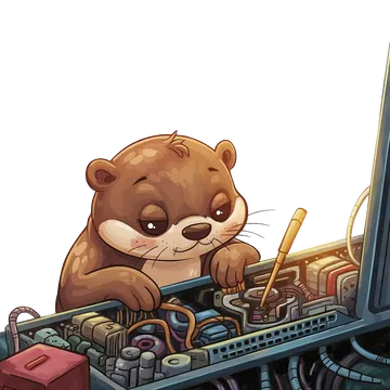 Cartoon otter carefully tinkering inside open computer hardware with a screwdriver