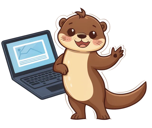 Cartoon otter mascot waving hello beside an open laptop