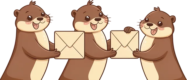 Three cartoon otters passing mail envelopes along a chain, hand to hand